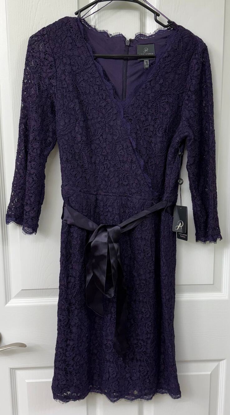 Adrianna Papell wrap NWT $165 retail 6 dark purple lace with belt 3/4 sleeve